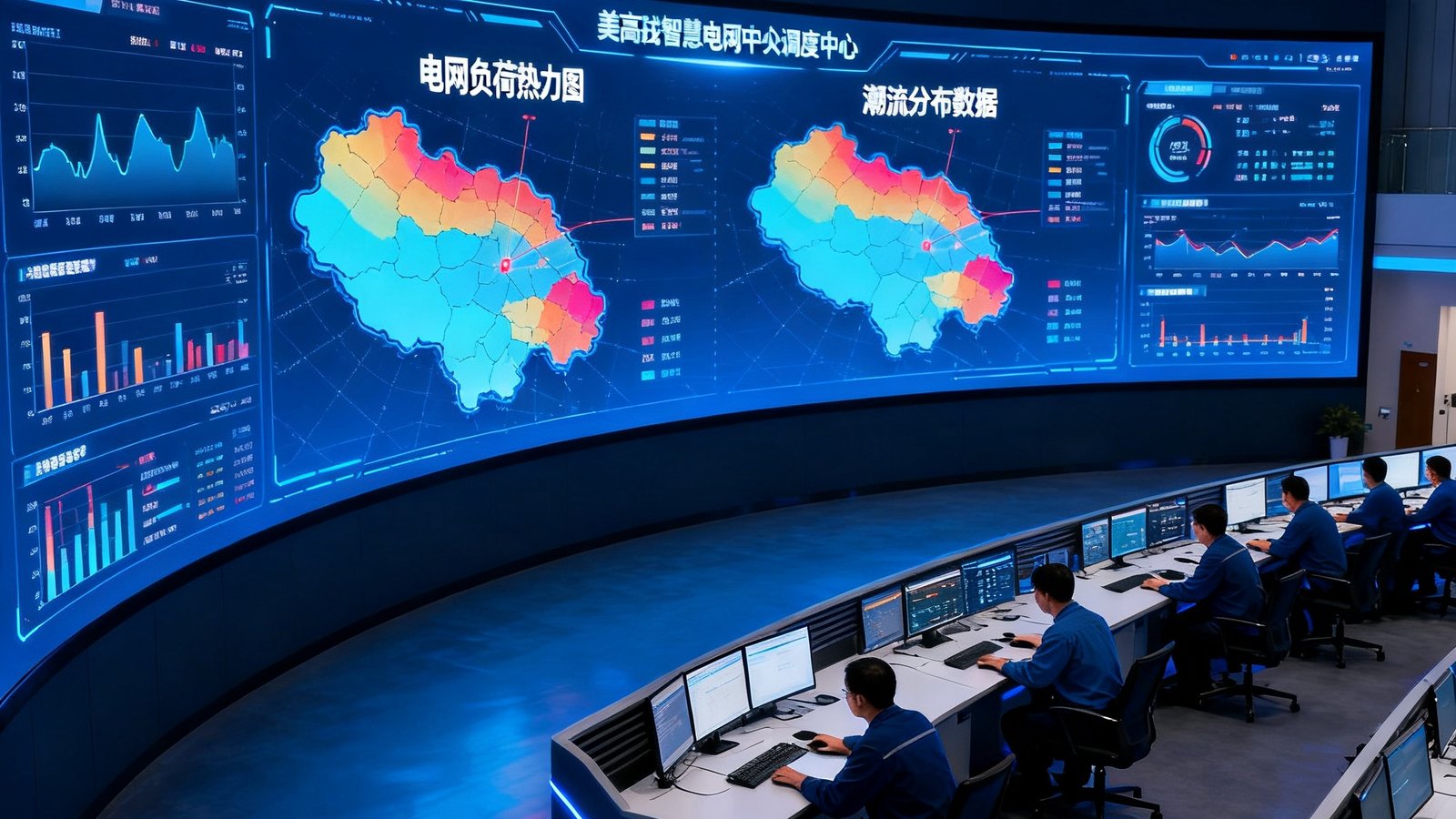 美高梅智慧电网中央调度中心的实时监控大厅,巨型弧形屏幕上显示着电网负荷热力图与潮流分布数据,多名工程师在操作台前专注工作,灯光以深蓝色调为主