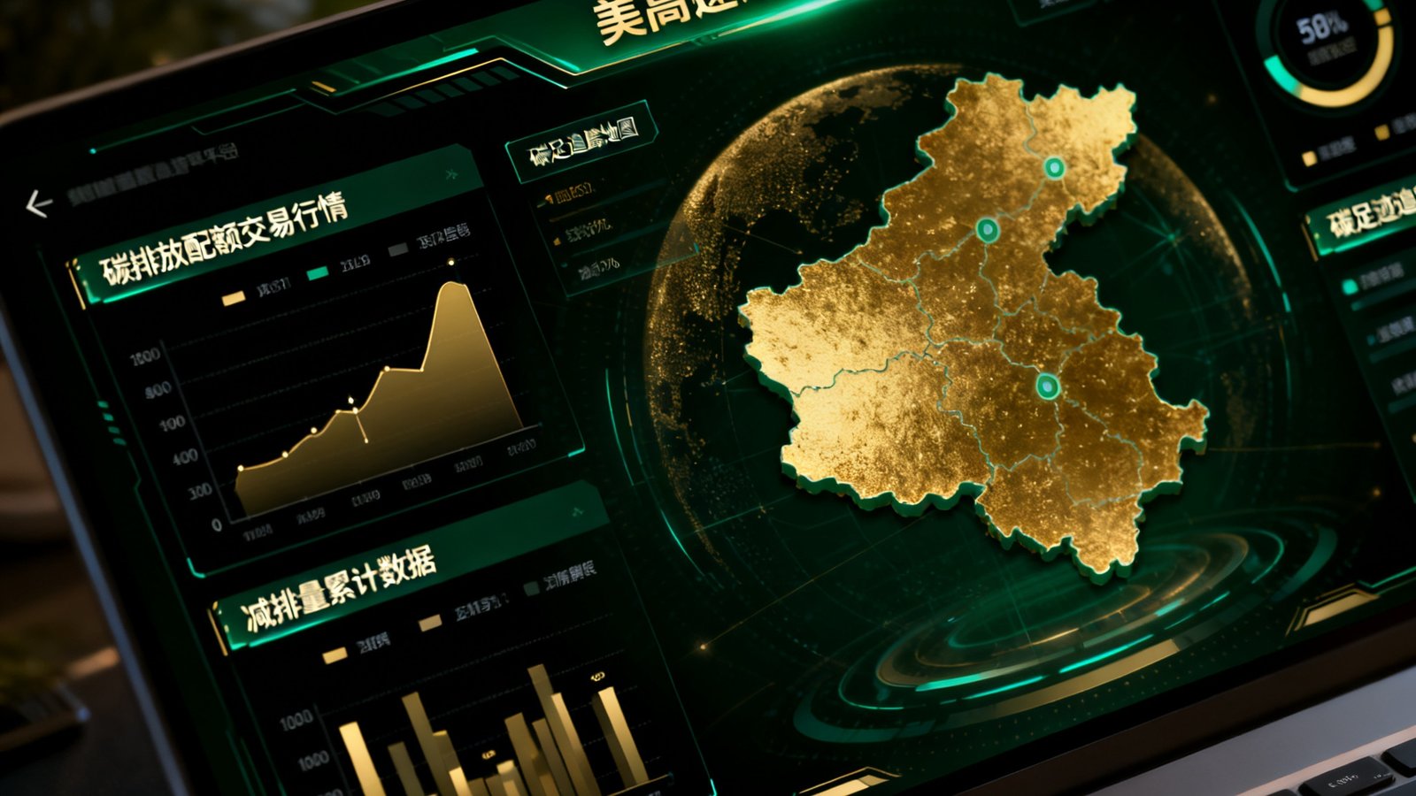 美高梅碳资产管理平台的数字仪表盘界面特写,屏幕以深绿和金色为主色调,实时显示碳排放配额交易行情、碳足迹追踪地图和减排量累计数据