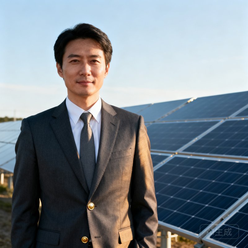 美高梅集团创始人兼CEO陈启明博士的商务肖像照,他身着深灰色西装站在光伏电站前,背景是整齐排列的太阳能板阵列和晴朗天空,神情坚定而温和