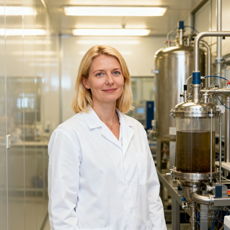 美高梅集团首席科学家Elena Voss博士的学术风格肖像,她是一位金发碧眼的欧洲女性科学家,穿着白色实验服站在实验室电解槽设备旁,背景是洁净车间