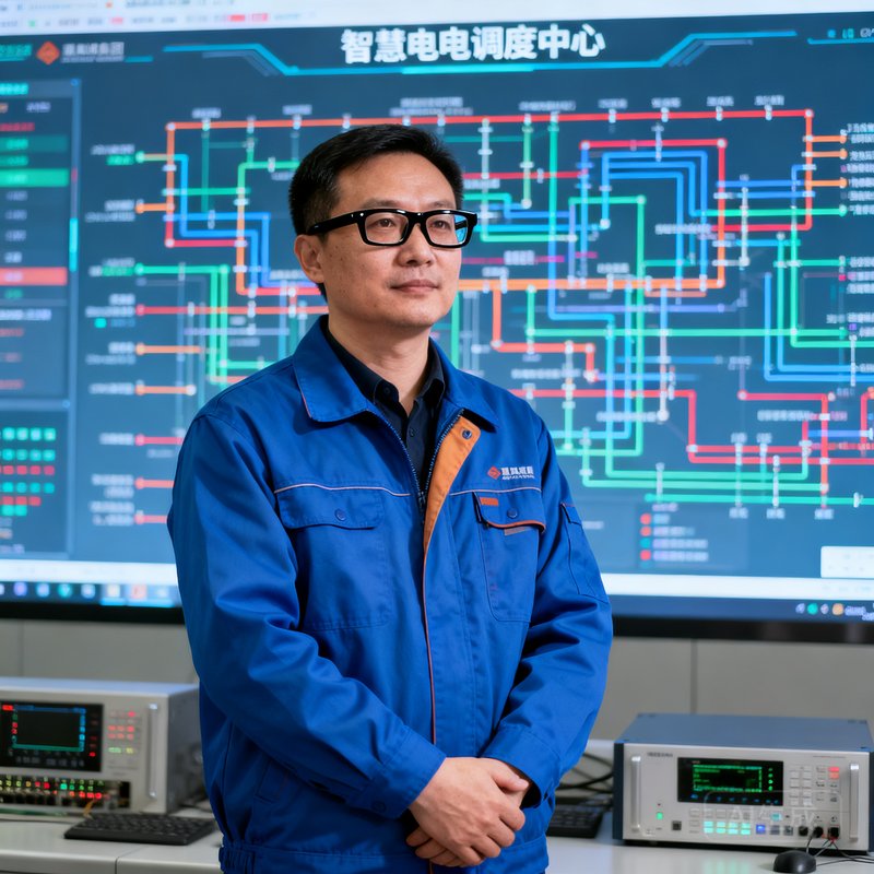 美高梅集团CTO张衡的工程师风格肖像,他戴着黑框眼镜穿着蓝色工装夹克,站在智慧电网调度中心的数据大屏前,双手交叉神情专注