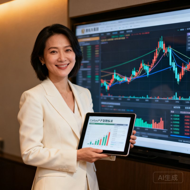 美高梅集团CFO林若溪的金融女性肖像,她穿着米白色西装站在碳交易数据屏幕前,手持平板电脑展示碳资产管理报表,微笑自信