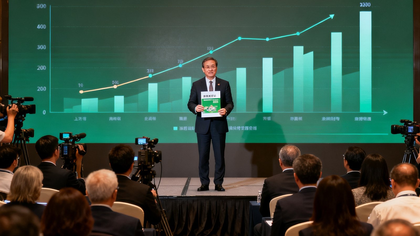 美高梅集团2024年度ESG报告发布会的现场照片,集团高管在台上展示报告封面,背景大屏幕显示碳减排数据图表,台下坐满媒体记者和行业嘉宾